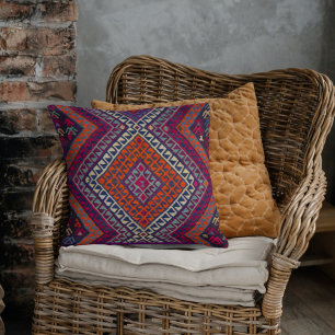 Antique Vintage Magenta Orange Turkish Kilim Rug Cushion