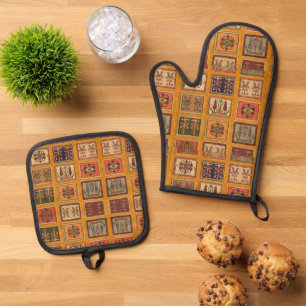 Antique Vintage Orange Terracotta Kilim Turkish Oven Mitt & Pot Holder Set