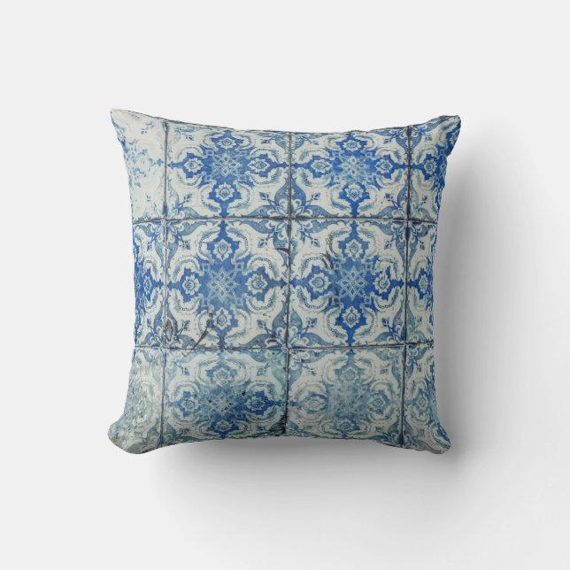 Antique Vintage Portuguese Tiles Pattern - Azulejo Cushion (Front)