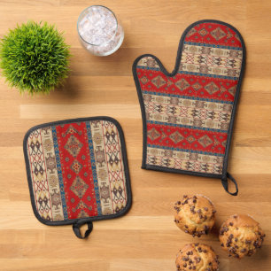 Antique Vintage Red Beige Kilim Turkish Rug Oven Mitt & Pot Holder Set