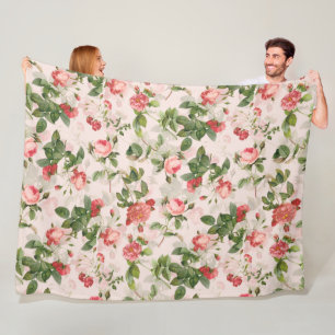 Antique Vintage Redouté Roses Pattern pink Fleece Blanket
