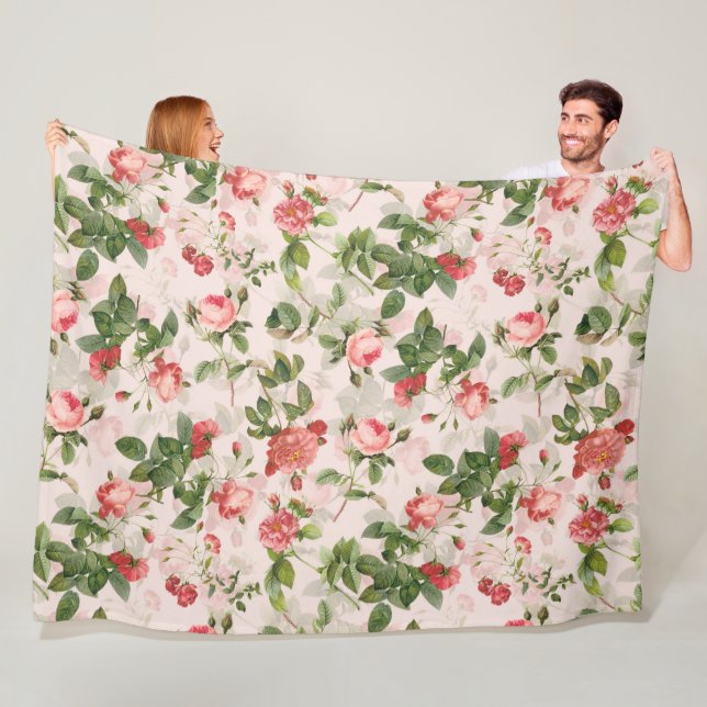 Antique Vintage Redouté Roses Pattern pink Fleece Blanket (In Situ)