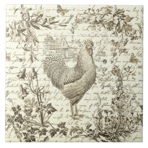 Antique Vintage Rooster Beige Toile Floral Script Ceramic Tile