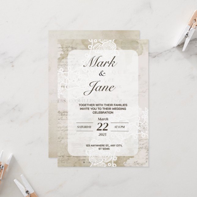 Antique vintage themed wedding invitation (Front/Back In Situ)