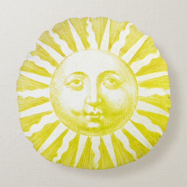 Antique Vintage Yellow Sun Face Round Cushion (Front)