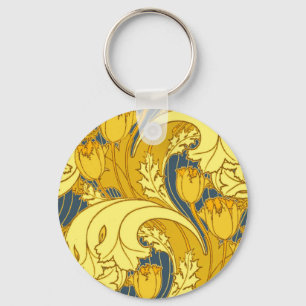 Antique Wallpaper Tulip Blue Gold Artwork Pattern Key Ring