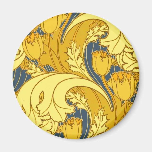 Antique Wallpaper Tulip Blue Gold Artwork Pattern Magnet (Front)