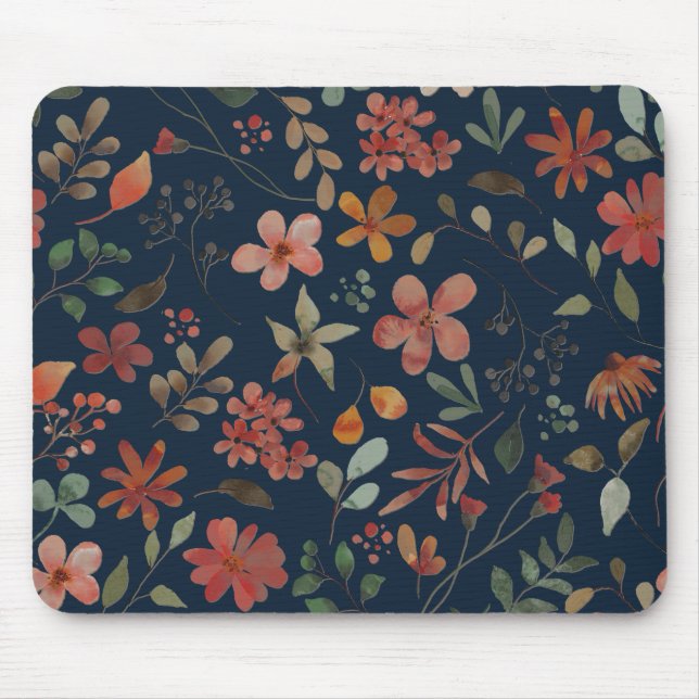 Antique Watercolor Print Floral on Navy Mouse Pad (Front)