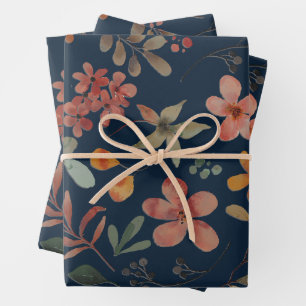 Antique Watercolor Print Floral on Navy Wrapping Paper Sheet