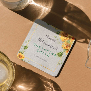 Antique Watercolor Sunflower Retirement Party Idea Square Paper Coaster