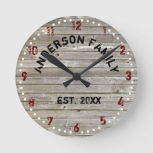 Antique Weathered Barn Wood Custom Name Round Clock