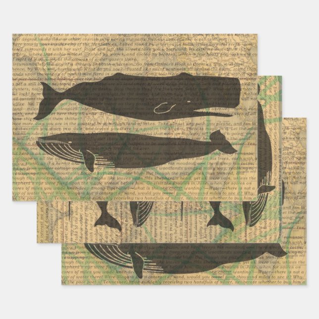  Antique Whale Nautical: Vintage Sea Life  Wrapping Paper Sheet (Set)
