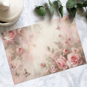 Antique Whimsical Pink Rose Garden, Decoupage Holiday Postcard