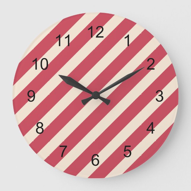 Antique White and Brick Red Diagonal Stripes Large Clock (Front)