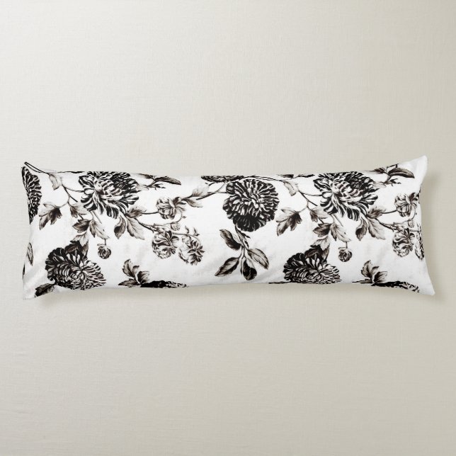 Antique White & Black Botanical Floral Toile Body Cushion (Back)