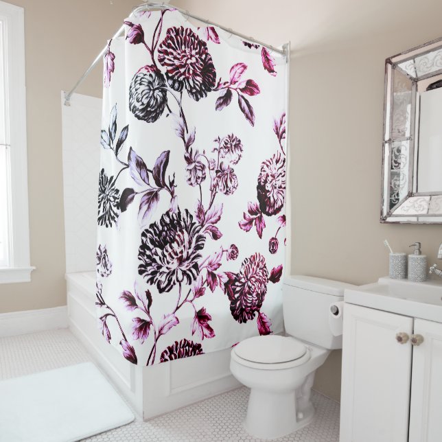 Antique White Black & Rose Floral Toile No.2 Shower Curtain (In Situ)