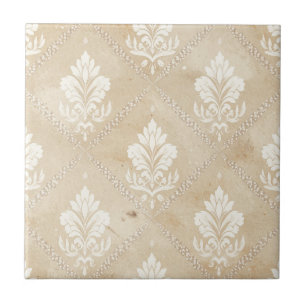 Antique White Damask on Distressed Sepia Beige Ceramic Tile