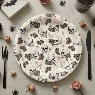 Antique white Gothic Skulls and Roses Halloween Paper Plate