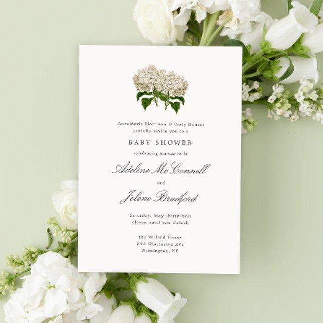 Antique White Hydrangea Grand-millennial Double Invitation (Grand millennial style double mama baby shower invitation with antique white hydrangea flowers)