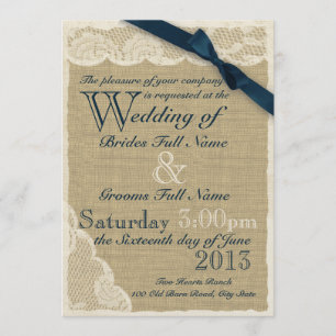 Antique White Lace Country Wedding Navy Invitation