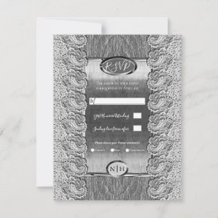 Antique White Lace Grey Wood Silver Wedding Invitation