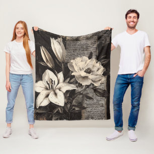 Antique White Lily Gothic Botanical Fleece Blanket