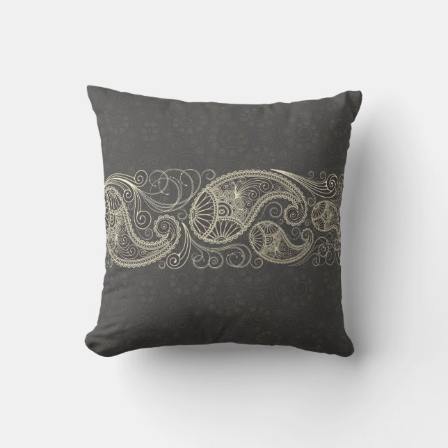 Antique White Paisley On Dark Grey Cushion (Front)