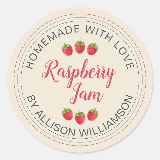 Antique White Raspberry Homemade With Love Jam  Classic Round Sticker (Front)