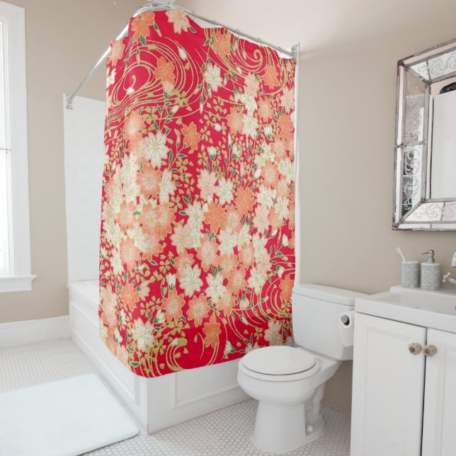 Antique White Red Japanese Kimono Floral Flower Shower Curtain (In Situ)