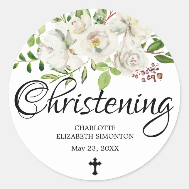 Antique White Rose and Cross Christening Classic Round Sticker (Front)