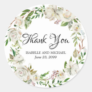 Antique White Rose Thank You Wedding Favour Classic Round Sticker