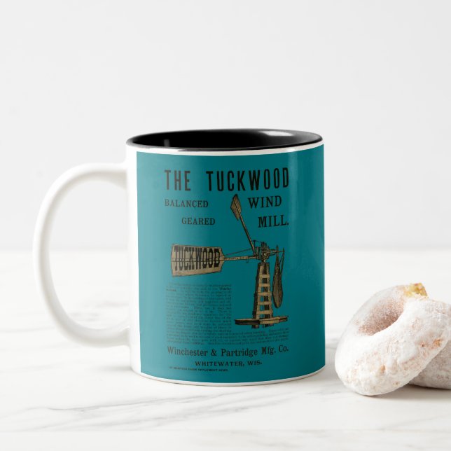Antique Wind Mill The Tuckwood Whitewater Wis 1889 Two-Tone Coffee Mug (With Donut)
