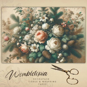 Antique Winter Floral Christmas Script Decoupage Tissue Paper