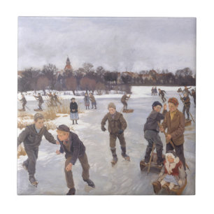 Antique Winter Ice Skating Scene Village Fine Art Ceramic Tile