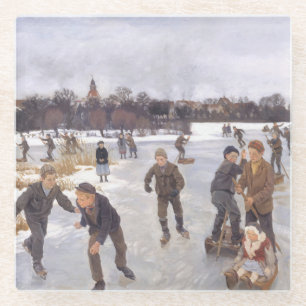 Antique Winter Ice Skating Scene Village Fine Art Glass Coaster