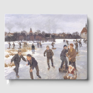 Antique Winter Ice Skating Scene Village Fine Art Guest Book