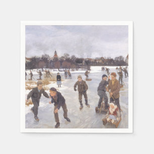 Antique Winter Ice Skating Scene Village Fine Art Napkin