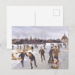 Antique Winter Ice Skating Scene Village Fine Art Postcard