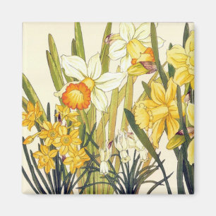 Antique Wood Block Print Daffodils Magnet
