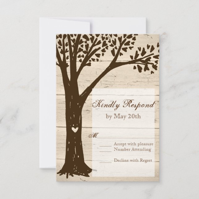 Antique Wood Carved Tree Wedding RSVP Cards (Front)