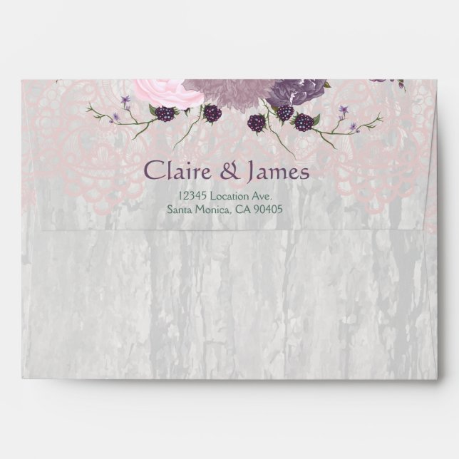 Antique Wood & Mauve Flowers Wedding Envelopes (Back (Top Flap))