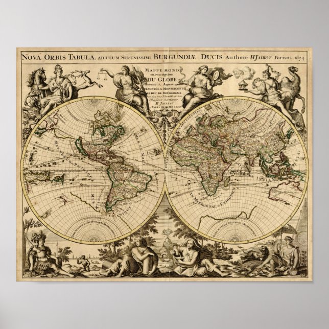 Antique World Map, 1694, by Alexis Hubert Jaillot Poster (Front)