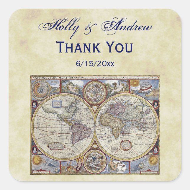 Antique World Map #3, Distressed BG #3 Square Sticker (Front)