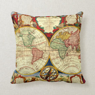 Antique World Map Art Vintage Style Decorator Cushion