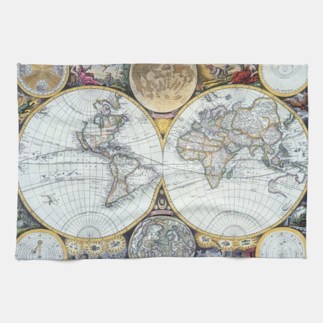 Antique World Map, Atlas Maritimus by John Seller Tea Towel (Horizontal)