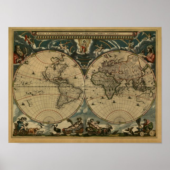 Antique World Map by Joan Blaeu, circa 1664 Poster (Front)