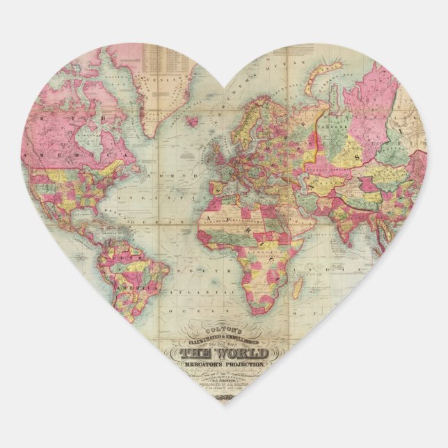 Antique World Map by John Colton, circa 1854 Heart Sticker (Front)