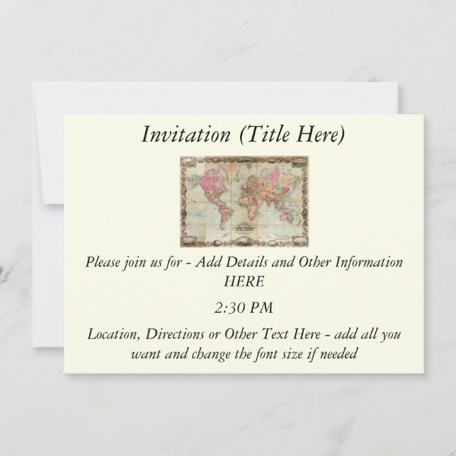 Antique World Map by John Colton, circa 1854 Invitation (Front)