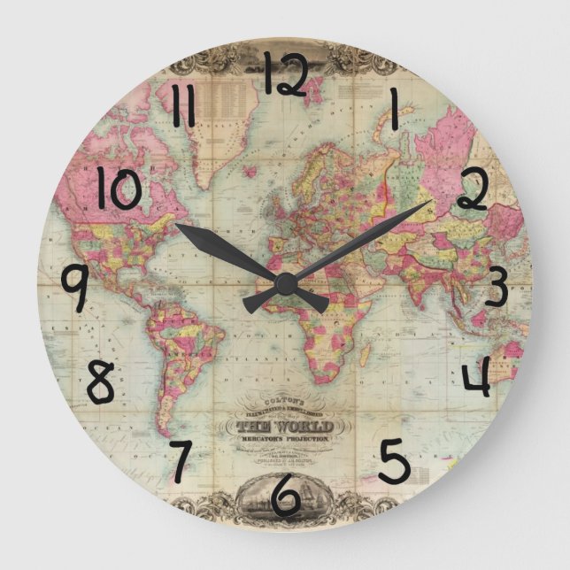 Antique World Map by John Colton, circa 1854 Large Clock (Front)