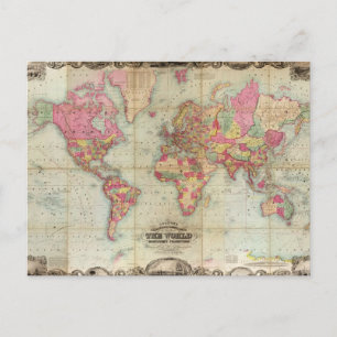 Antique World Map by John Colton, circa 1854 Postcard
